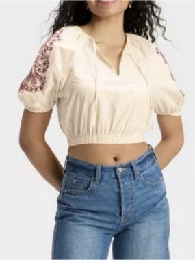 Universal Thread Embroidered Cream Crop Top